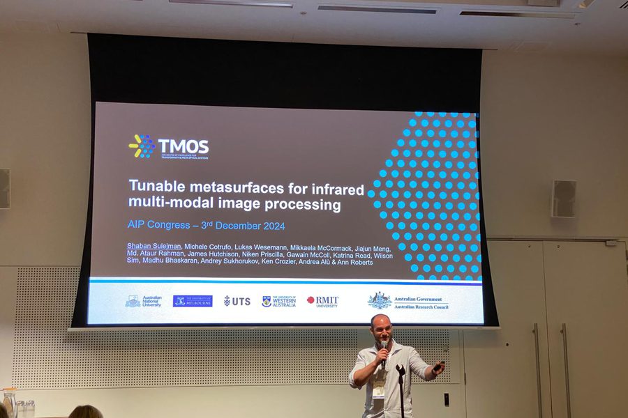 Dr Sulejman presenting “Tunable metasurfaces for infrared multi-modal image processing” at the AIP Congress, December 2024