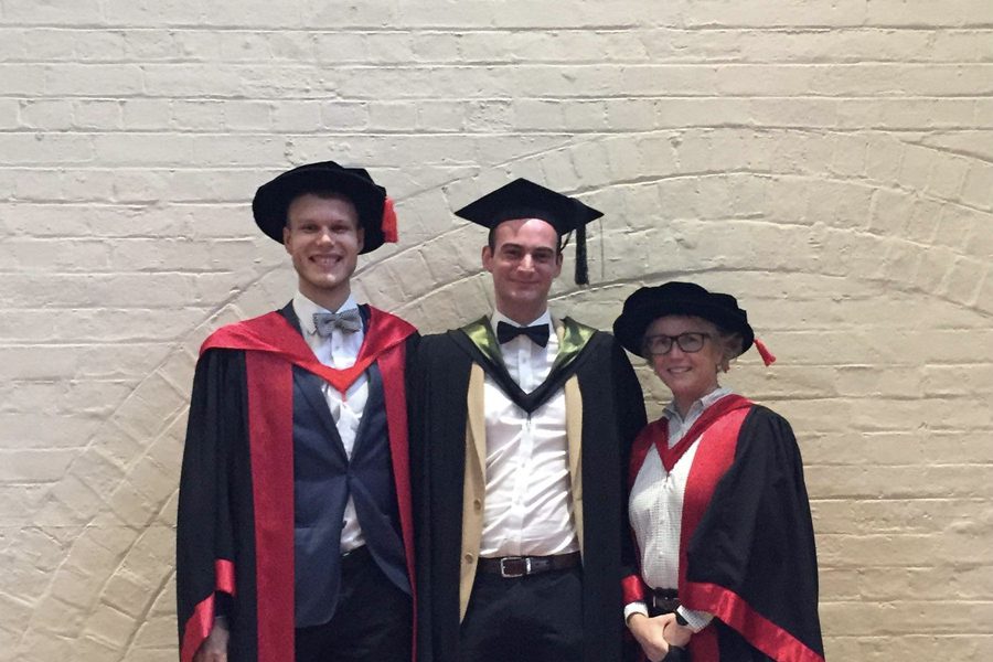 Dr Sulejman in academic dress at his Master of Science graduation with Prof. Ann Roberts and Dr Lukas Wesemann