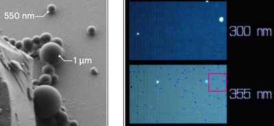 Electron micrograph of nanoplastic spheres beside optical sieve readouts