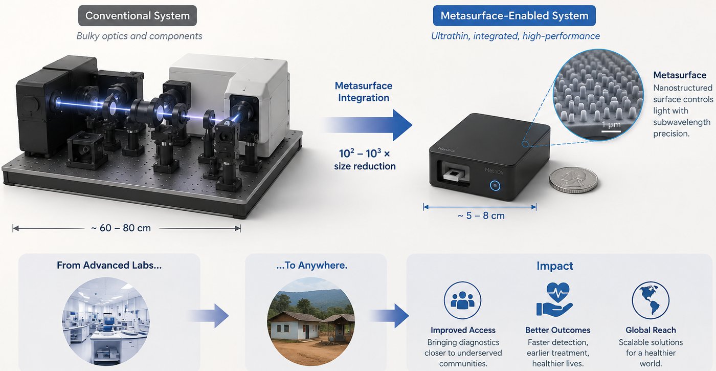 A conventional optical system on a 60 to 80 centimetre bench beside a metasurface-enabled equivalent 5 to 8 centimetres across, with the resulting reach into underserved communities