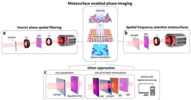Schematic of metasurface-enabled phase-imaging approaches: Fourier-plane spatial filtering, spatial-frequency selective metasurfaces, lens apodization and multi-metasurface designs
